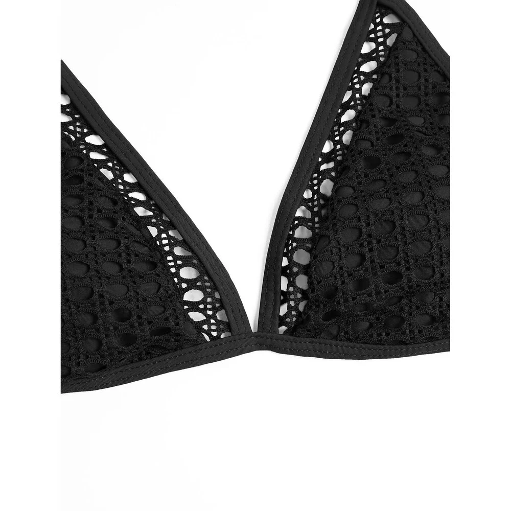 AFUL Women's Black Halter Triangle Bikini Set Crochet Boho Floral Swimsuit S